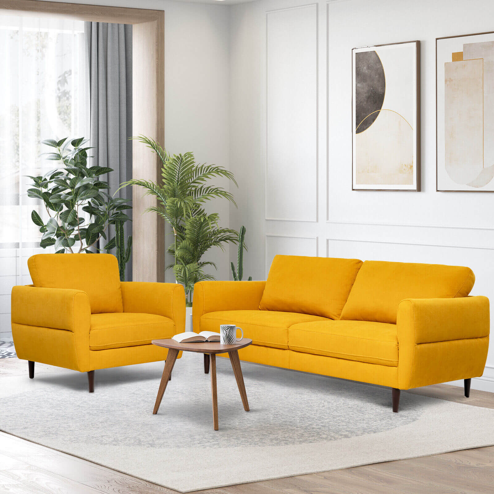 2 Pieces Upholstered Sofa Set with Removable Cushion Covers
