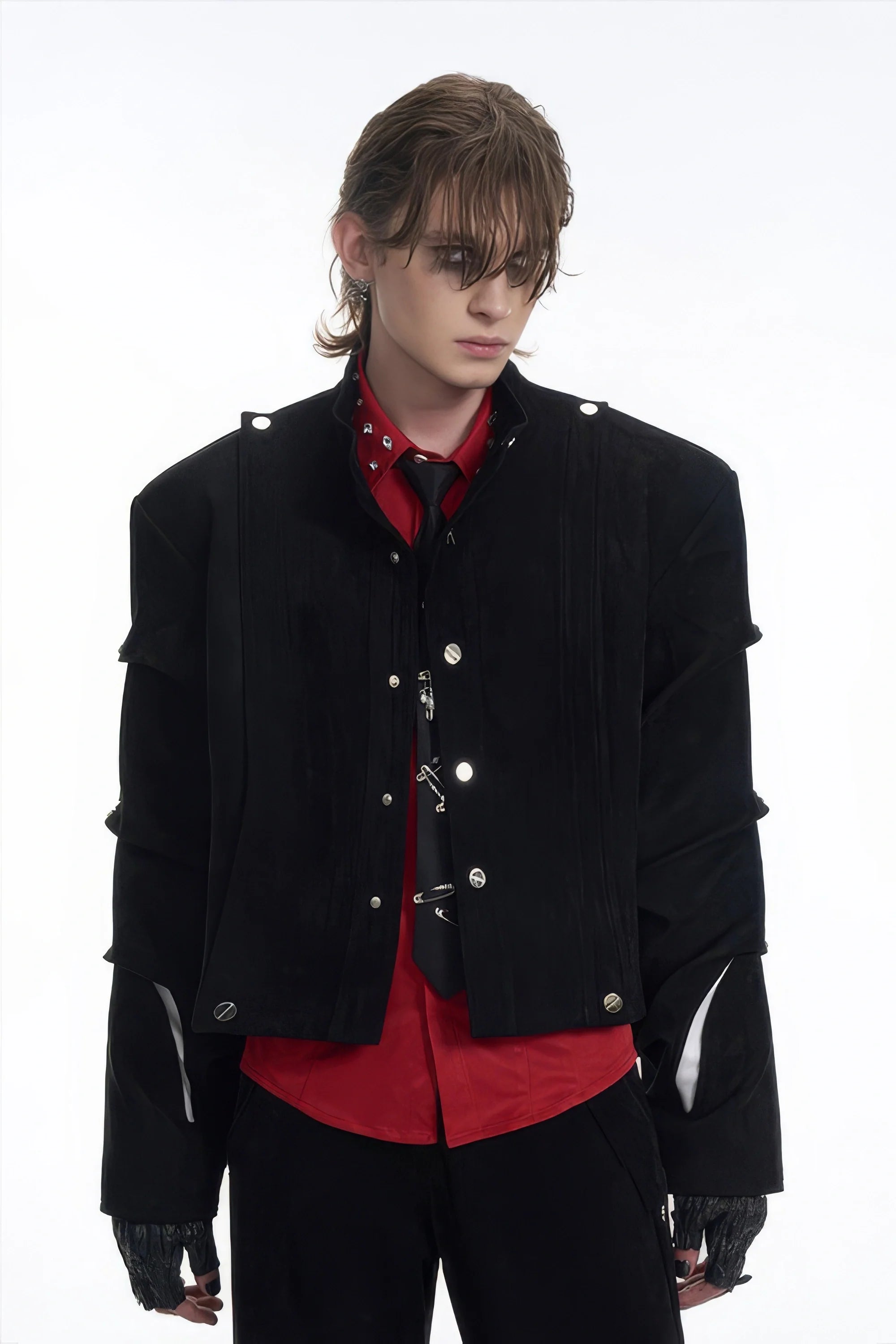 Men's Black Suede Short Jacket - Spring Crinkle Sleeve Coat