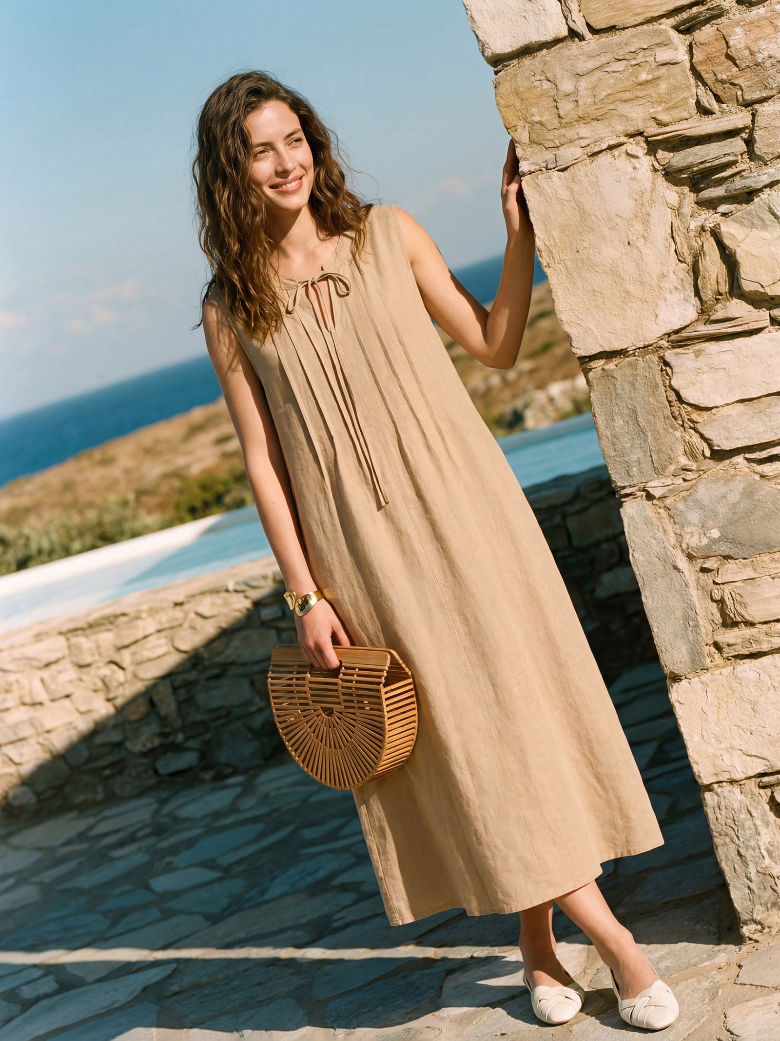 100% Linen Sleeveless Tie-Neck Pintucked Midi Dress MILLICENT