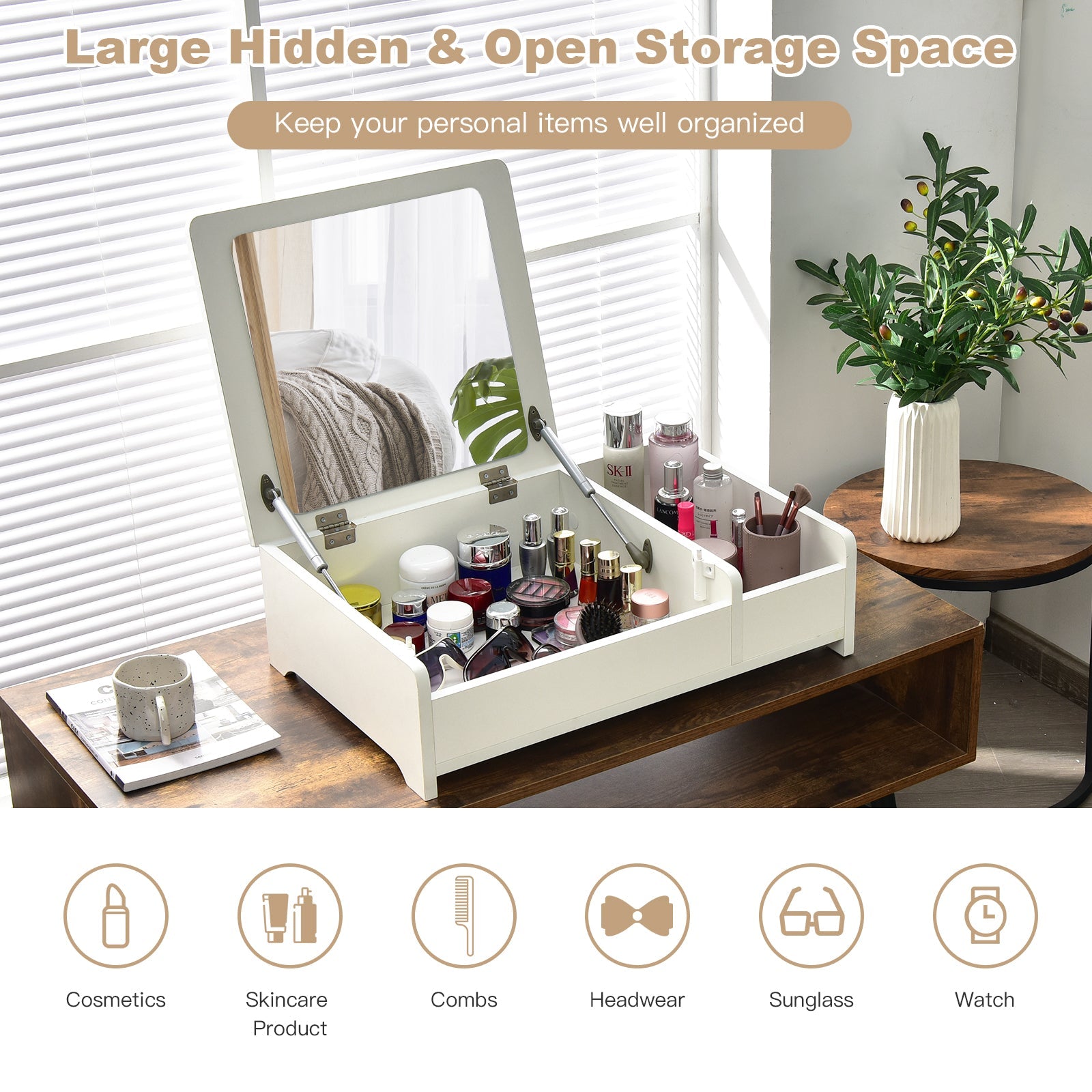 Compact Bay Window Makeup Dressing Table with Flip-Top Mirror