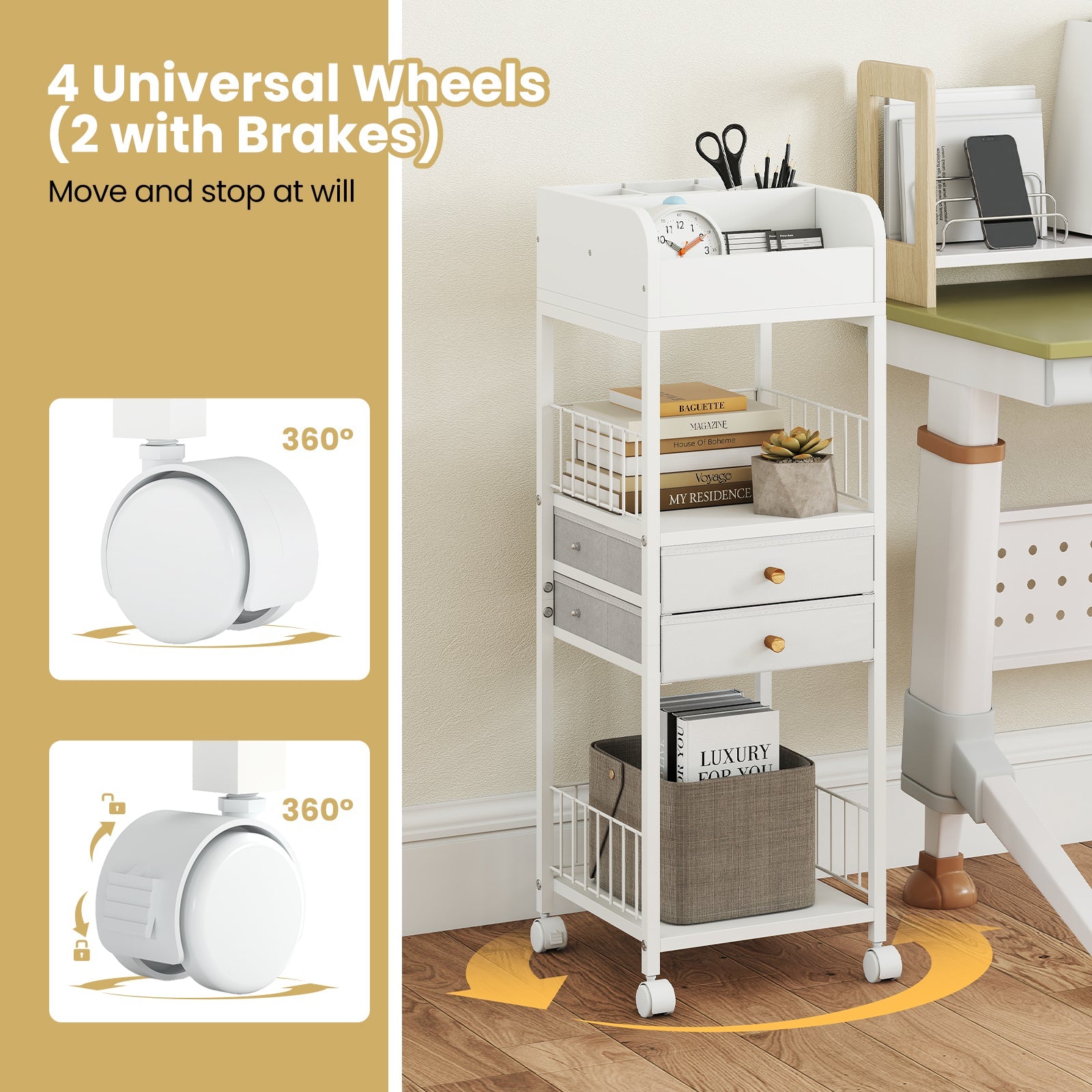 Makeup Organizer Floor Skincare Organizer Cart with Drawers and Storage Shelves-White