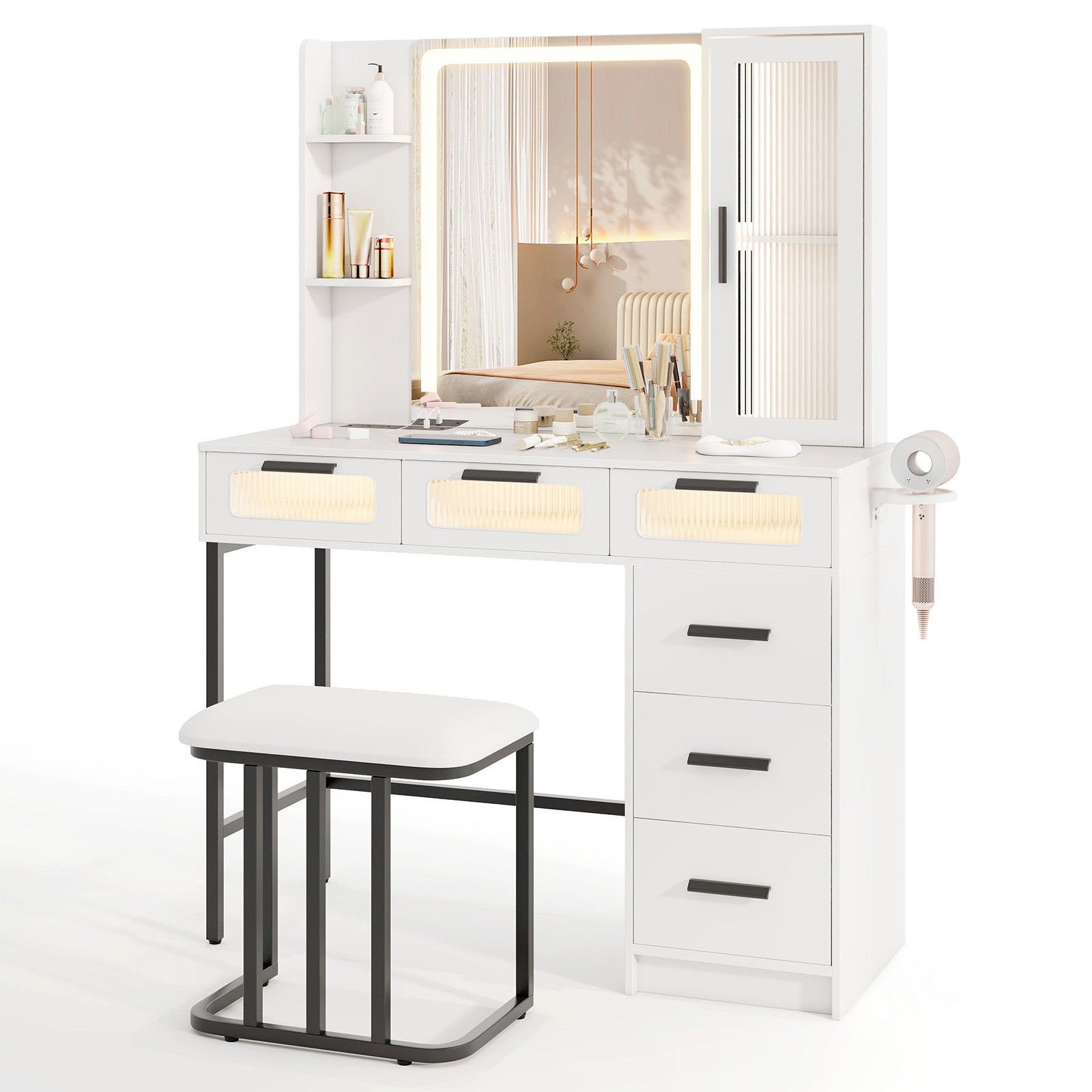Makeup Vanity Desk with 3-Color Induction LED Lights and 6 Drawers-White