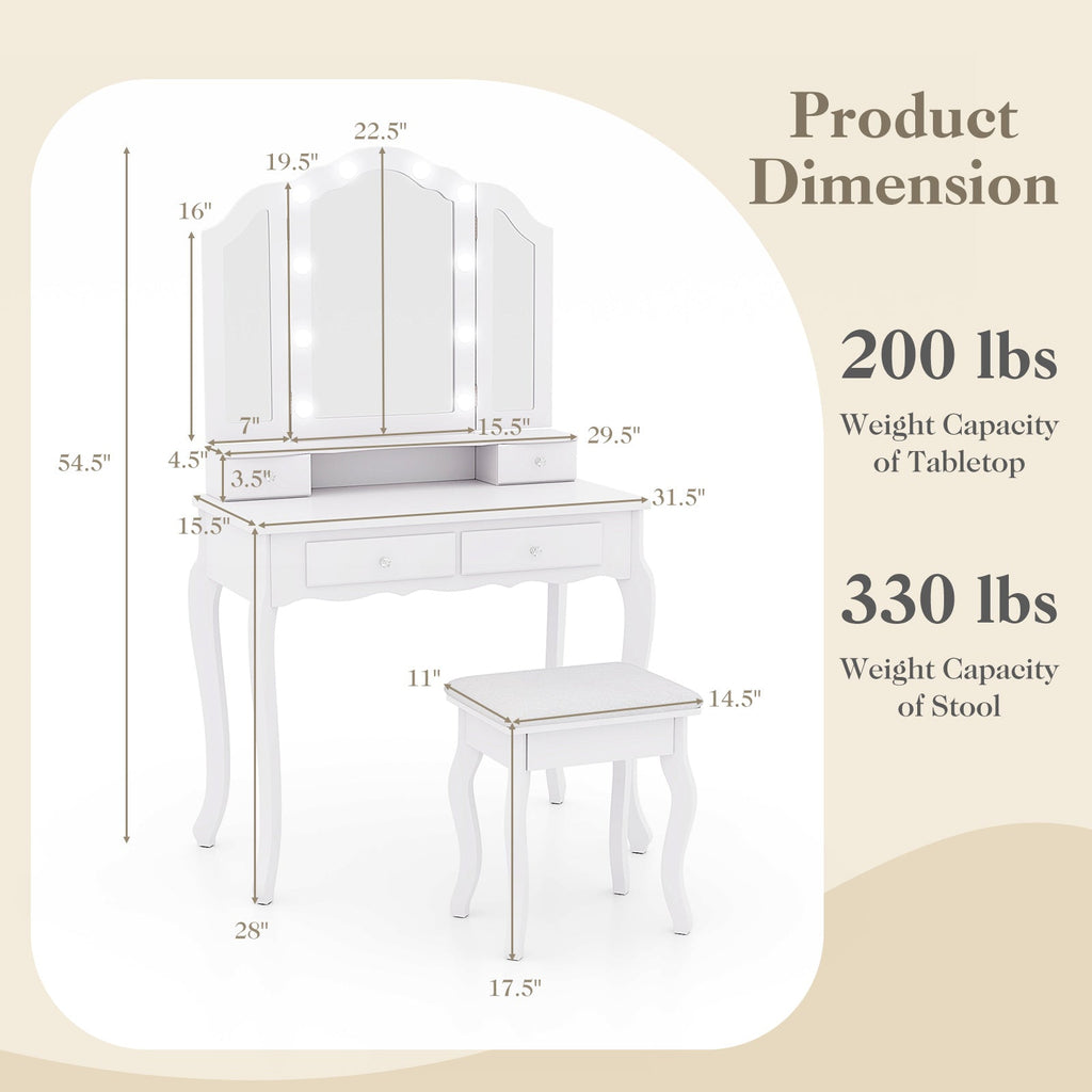 Makeup Vanity Table Set with Lighted Mirror and Drawers