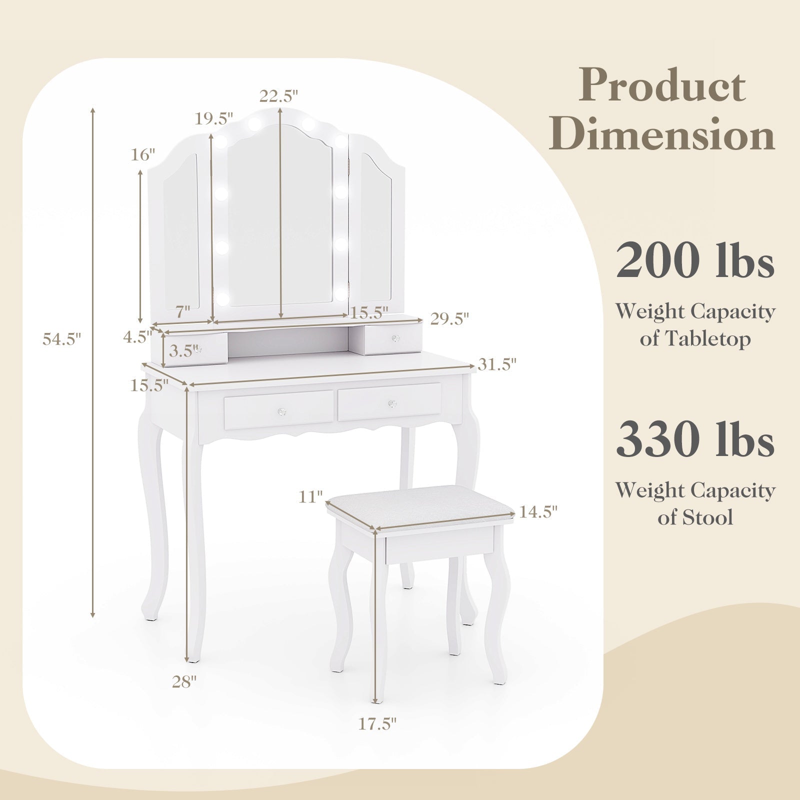 Makeup Vanity Table Set with Lighted Mirror and Drawers
