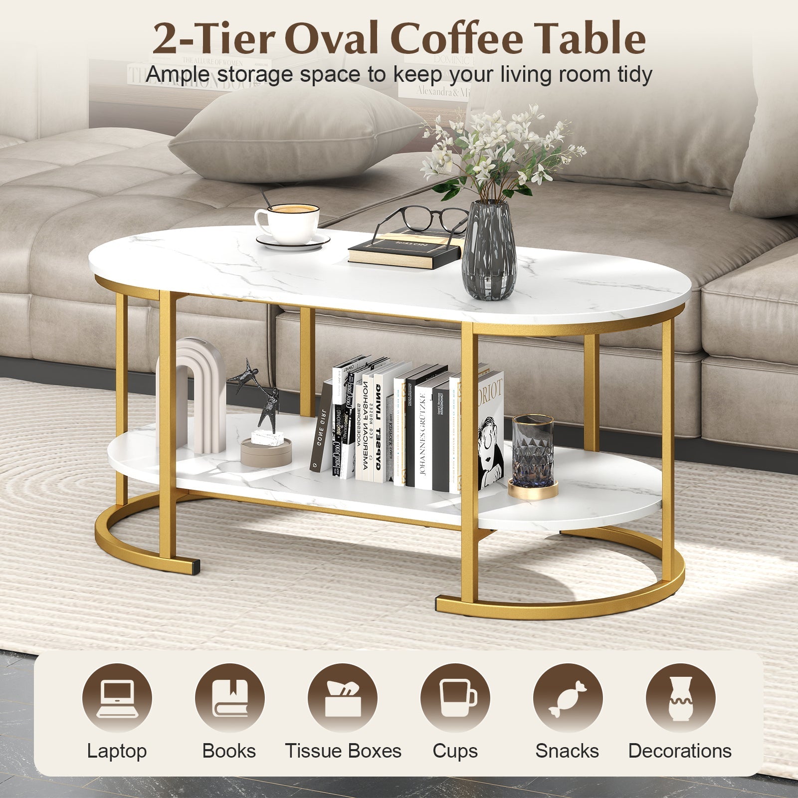 Marble Coffee Table with Open Storage Shelf