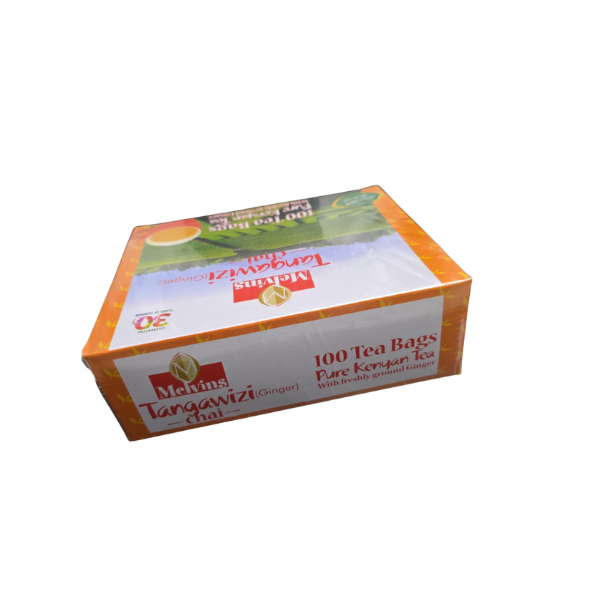 Melvin's Tangawizi Chai 100-bag box top view showing orange and gold Kenyan tea branding
