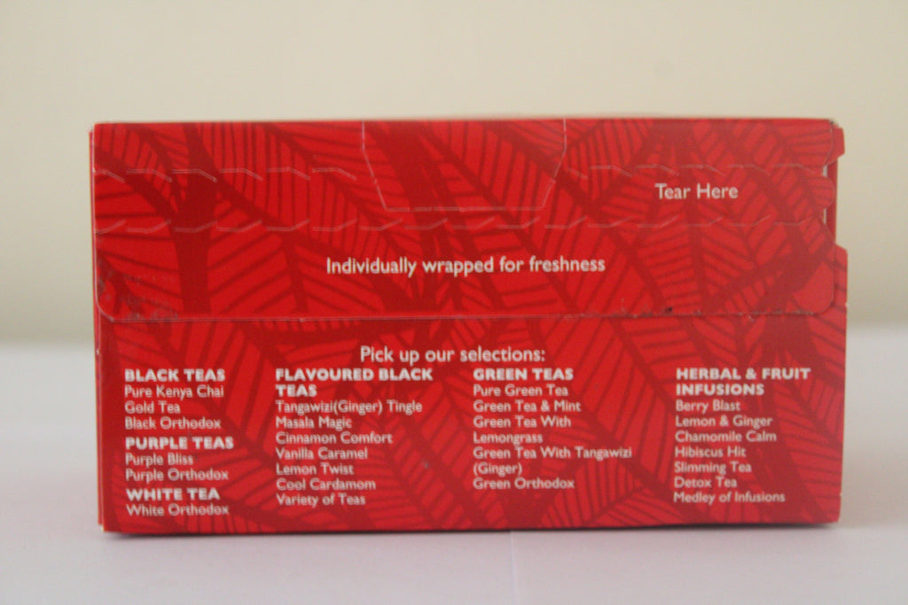 Melvins Hibiscus Hit 25 tea bags box back panel showing individually wrapped bags and tea flavor variety guide