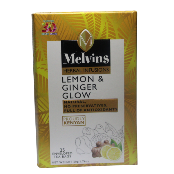 Melvins Lemon Ginger Glow tea 25 bags full of antioxidants no preservatives label
