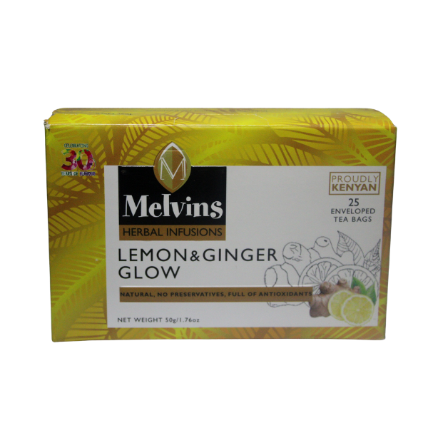 Melvins Lemon and Ginger Glow Herbal Infusion Tea 25 enveloped bags front view Proudly Kenyan