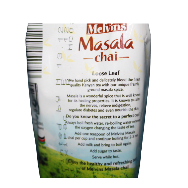 Melvins Masala Chai 250g barcode label with brewing instructions and loose leaf tea details