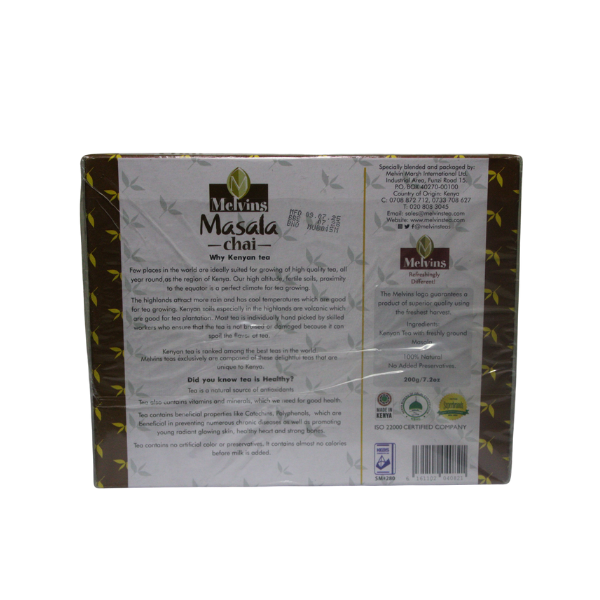 Melvins Masala Chai tea box bottom panel certifications and product details