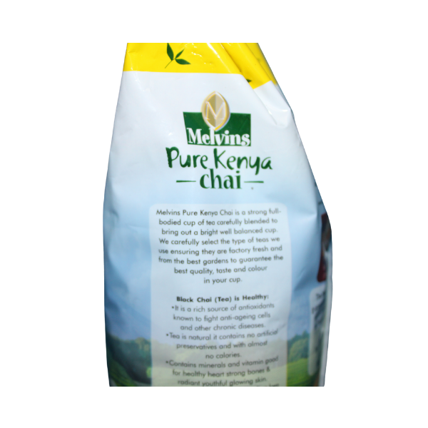 Melvins Pure Kenya Chai 250g back label straight view with full product description and made in Kenya details