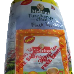 Melvins Pure Kenya Chai 500g bag with free Tangawizi Chai ginger sample attached showing free sample label in orange