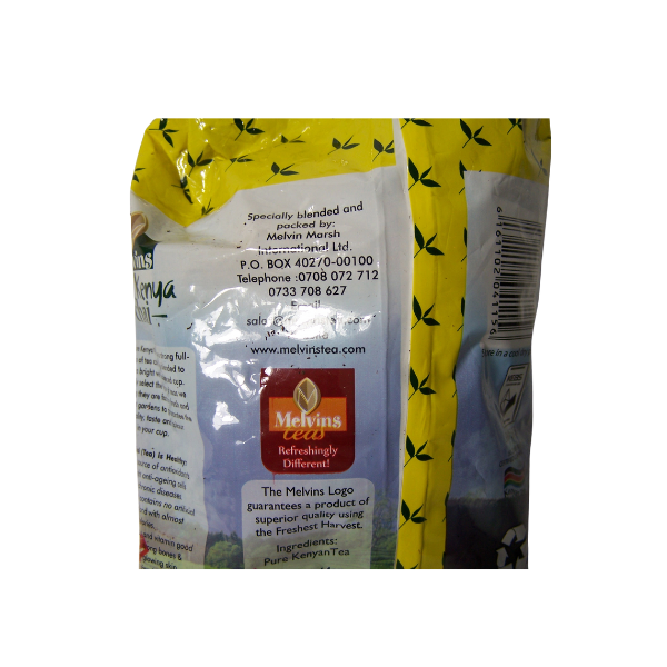 Melvins Pure Kenya Chai Black Tea 250g bag back panel with contact details quality seal and product information