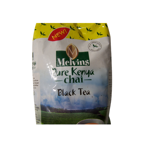 Melvins Pure Kenya Chai Black Tea 500g bag straight front view showing full label with tea cup detail and NEW sticker