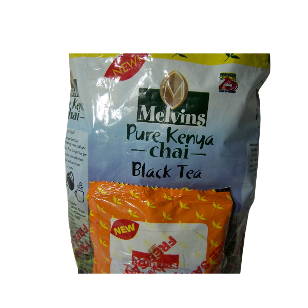 Melvins Pure Kenya Chai Black Tea 500g close-up front label with free Tangawizi Chai ginger sample sticker attached