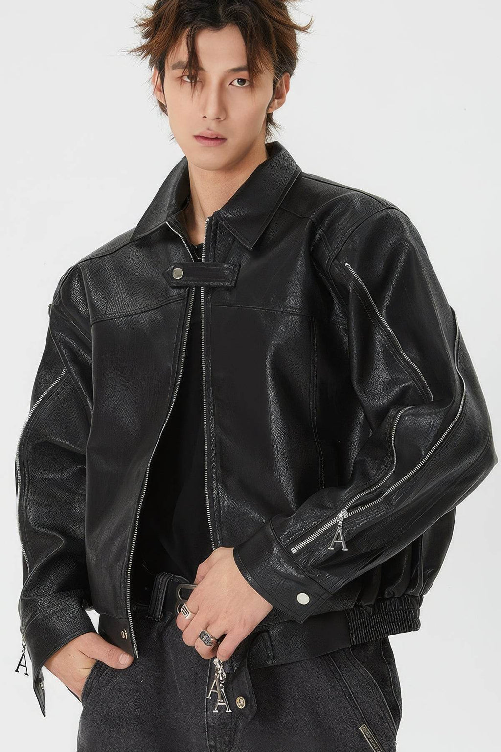 Men's Double Zipper Shoulder-Padded Leather Jacket