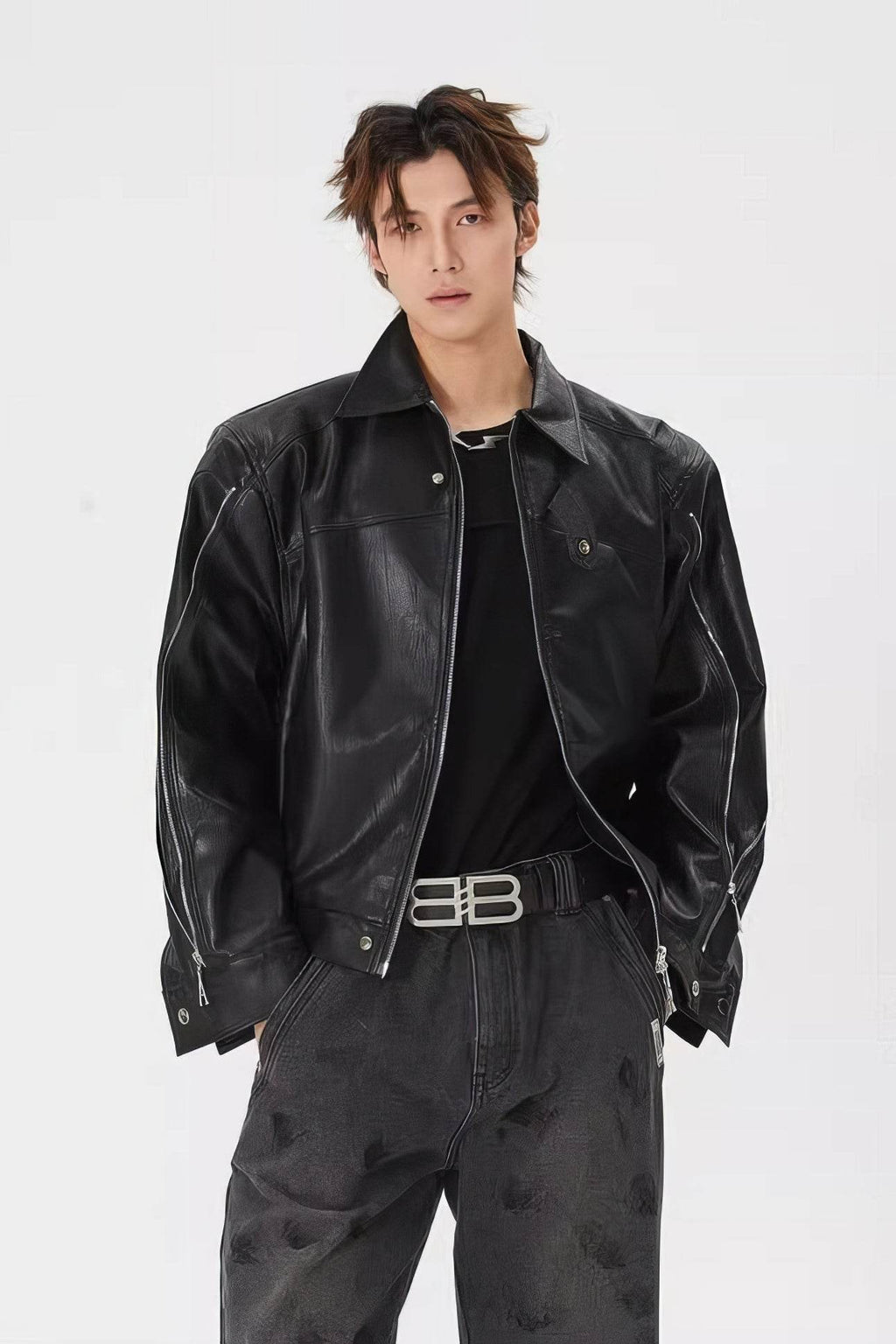 Men's Double Zipper Shoulder-Padded Leather Jacket