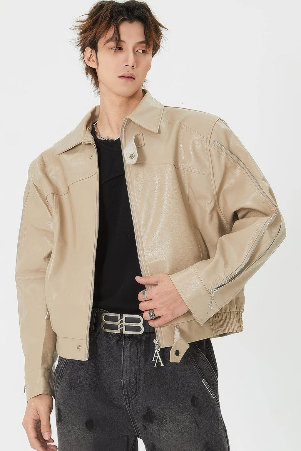 Men's Double Zipper Shoulder-Padded Leather Jacket
