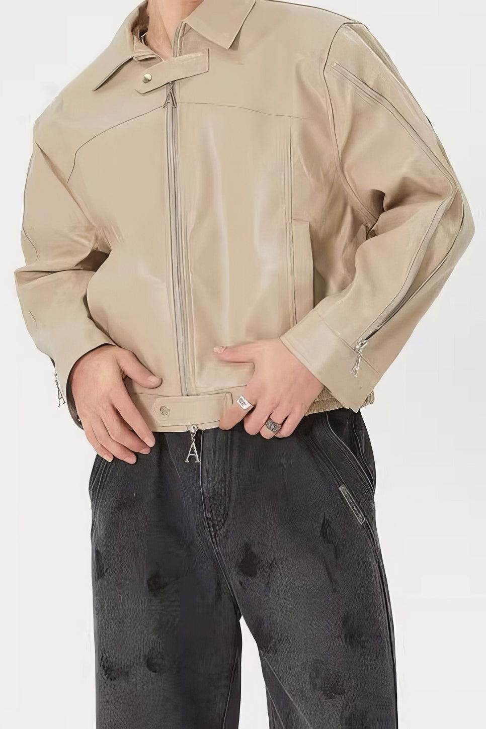 Men's Double Zipper Shoulder-Padded Leather Jacket