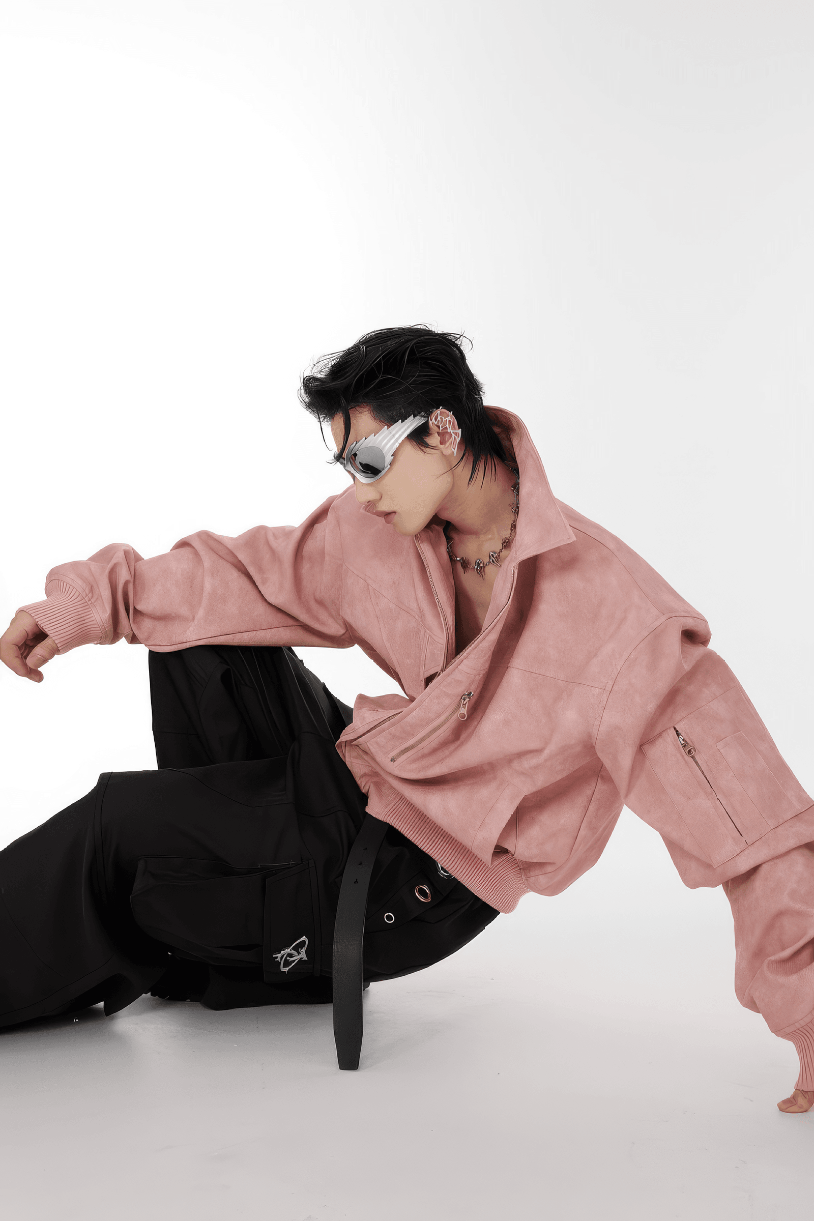 Men’s Trendy Polka Dot Gradient Pink Bomber Jacket with Shoulder Pads & Zipper Details