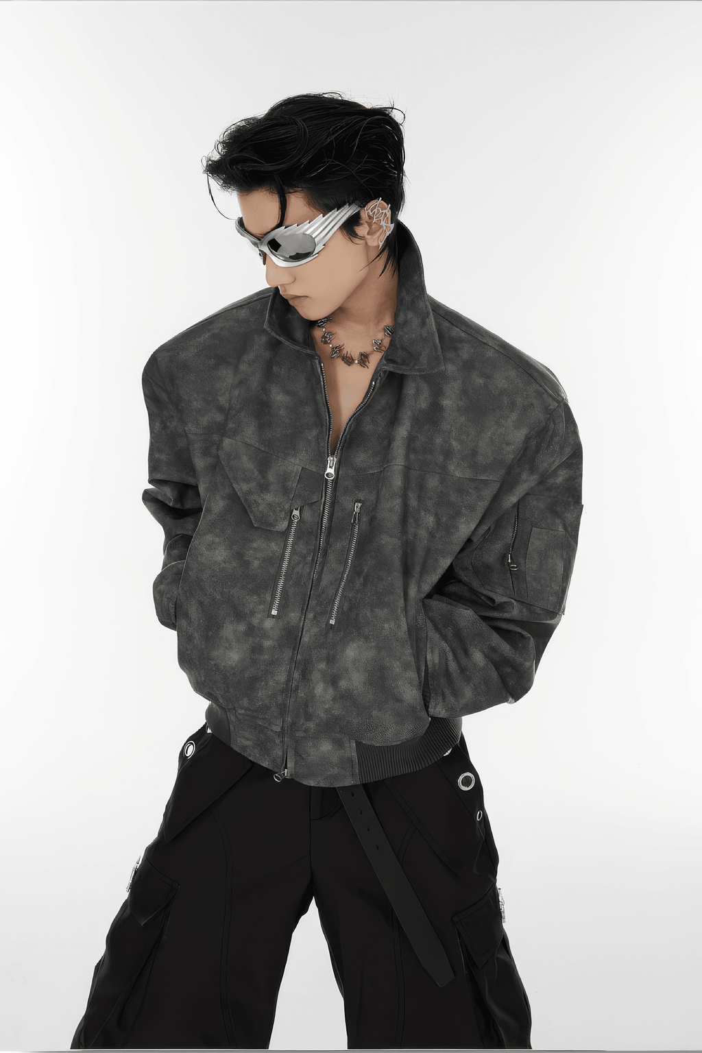 Men’s Trendy Polka Dot Gradient Pink Bomber Jacket with Shoulder Pads & Zipper Details