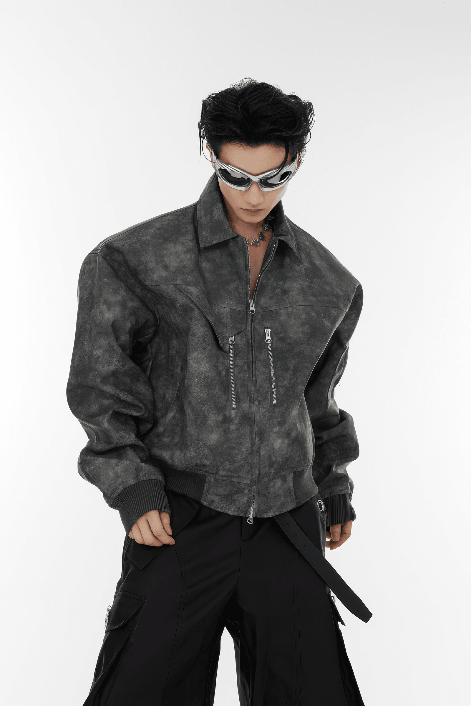 Men’s Trendy Polka Dot Gradient Pink Bomber Jacket with Shoulder Pads & Zipper Details