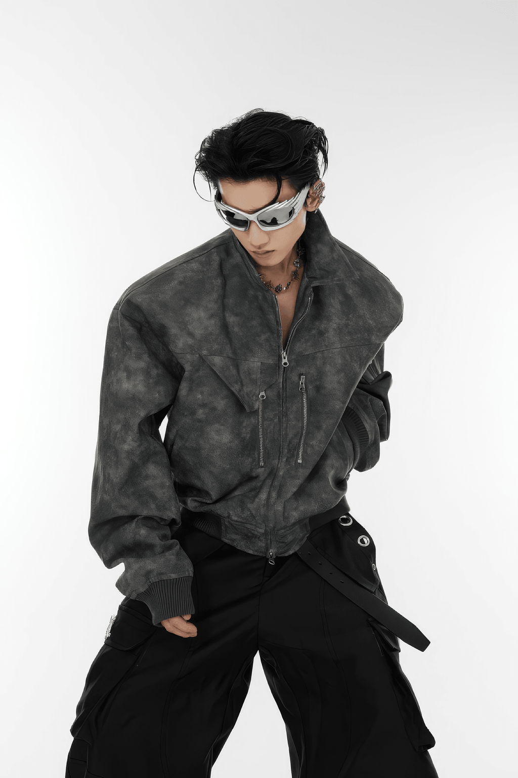 Men’s Trendy Polka Dot Gradient Pink Bomber Jacket with Shoulder Pads & Zipper Details