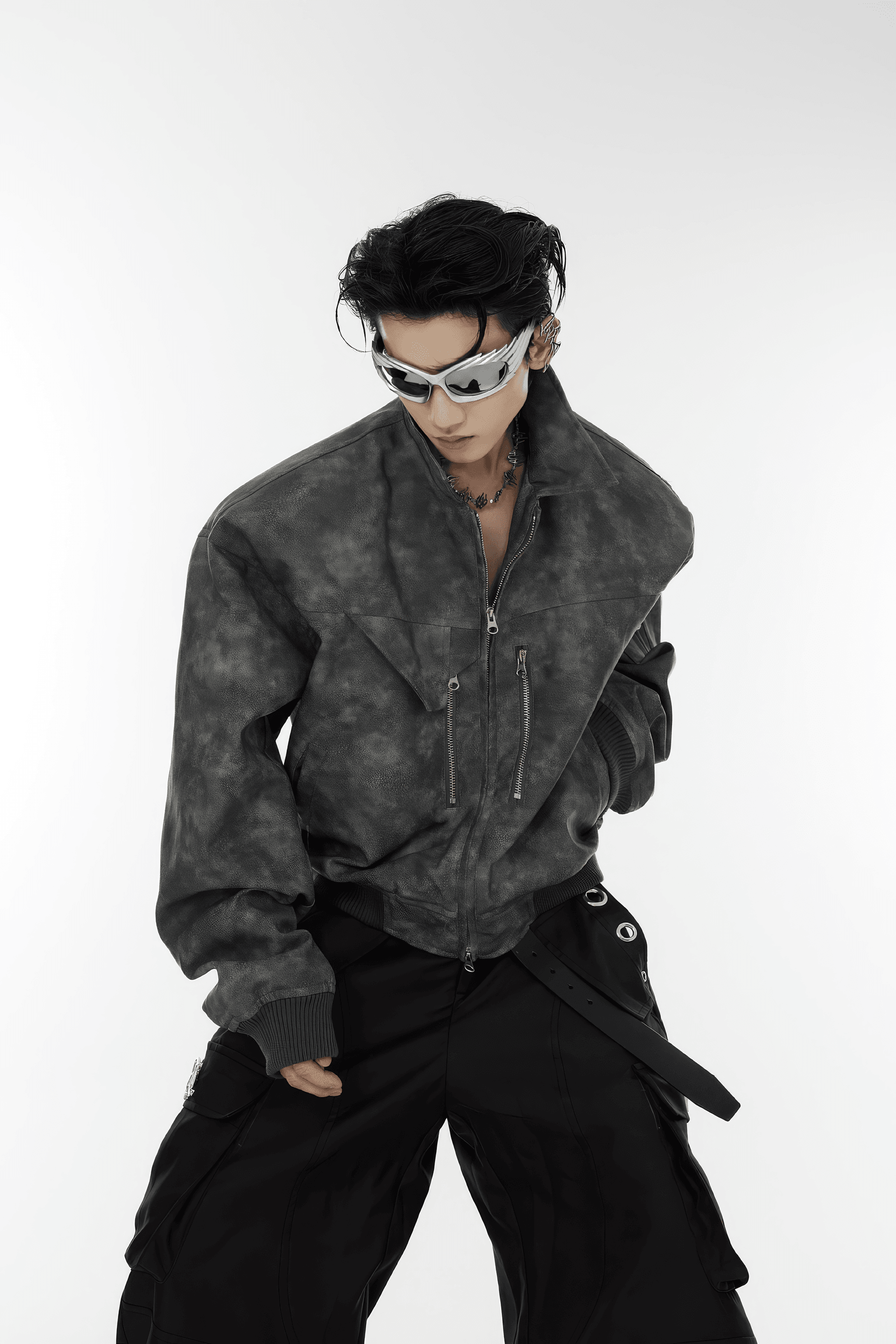 Men’s Trendy Polka Dot Gradient Pink Bomber Jacket with Shoulder Pads & Zipper Details