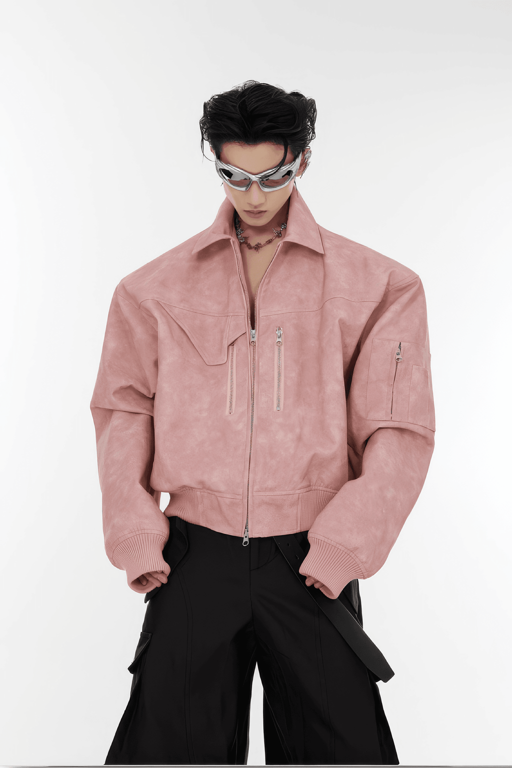 Men’s Trendy Polka Dot Gradient Pink Bomber Jacket with Shoulder Pads & Zipper Details
