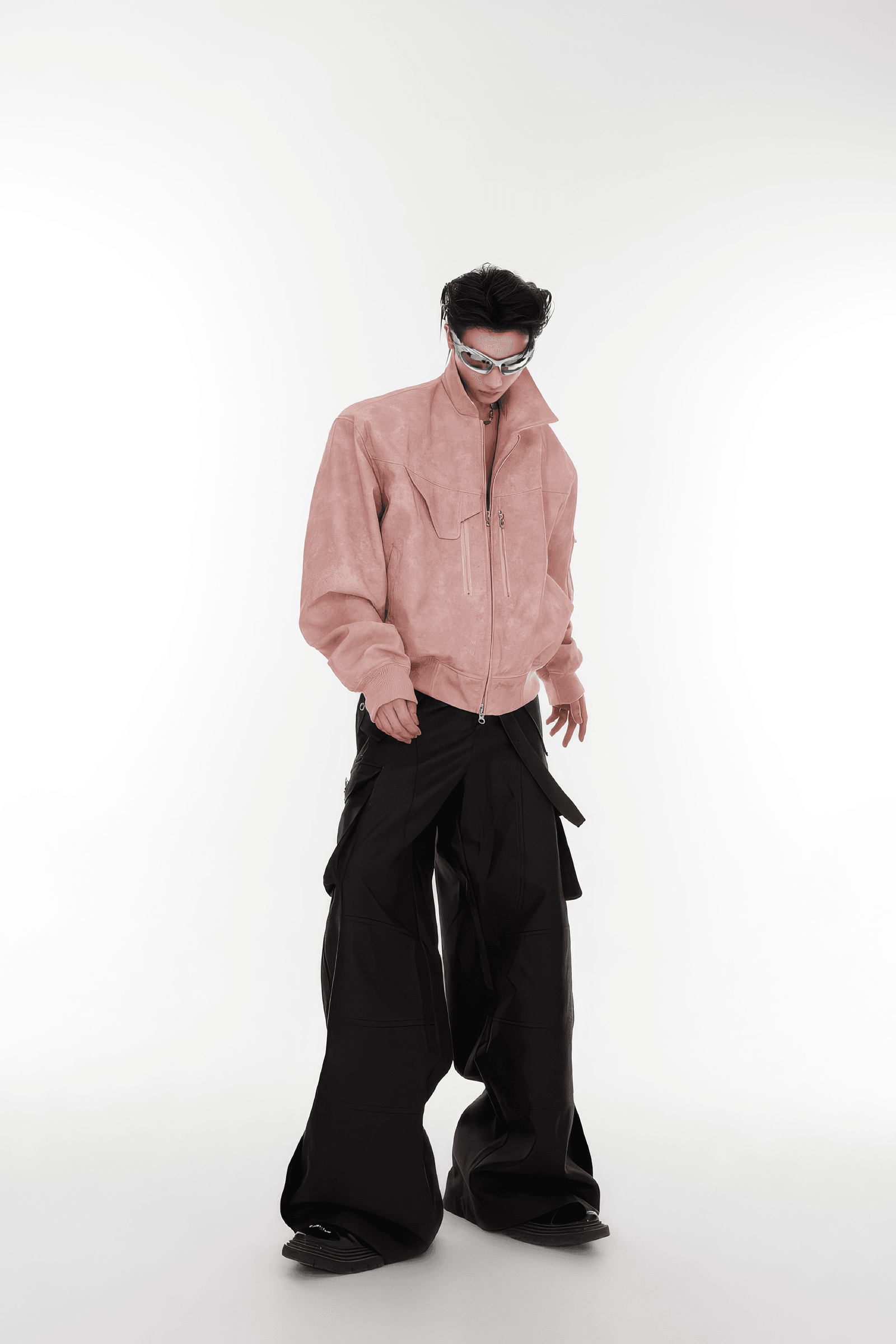 Men’s Trendy Polka Dot Gradient Pink Bomber Jacket with Shoulder Pads & Zipper Details