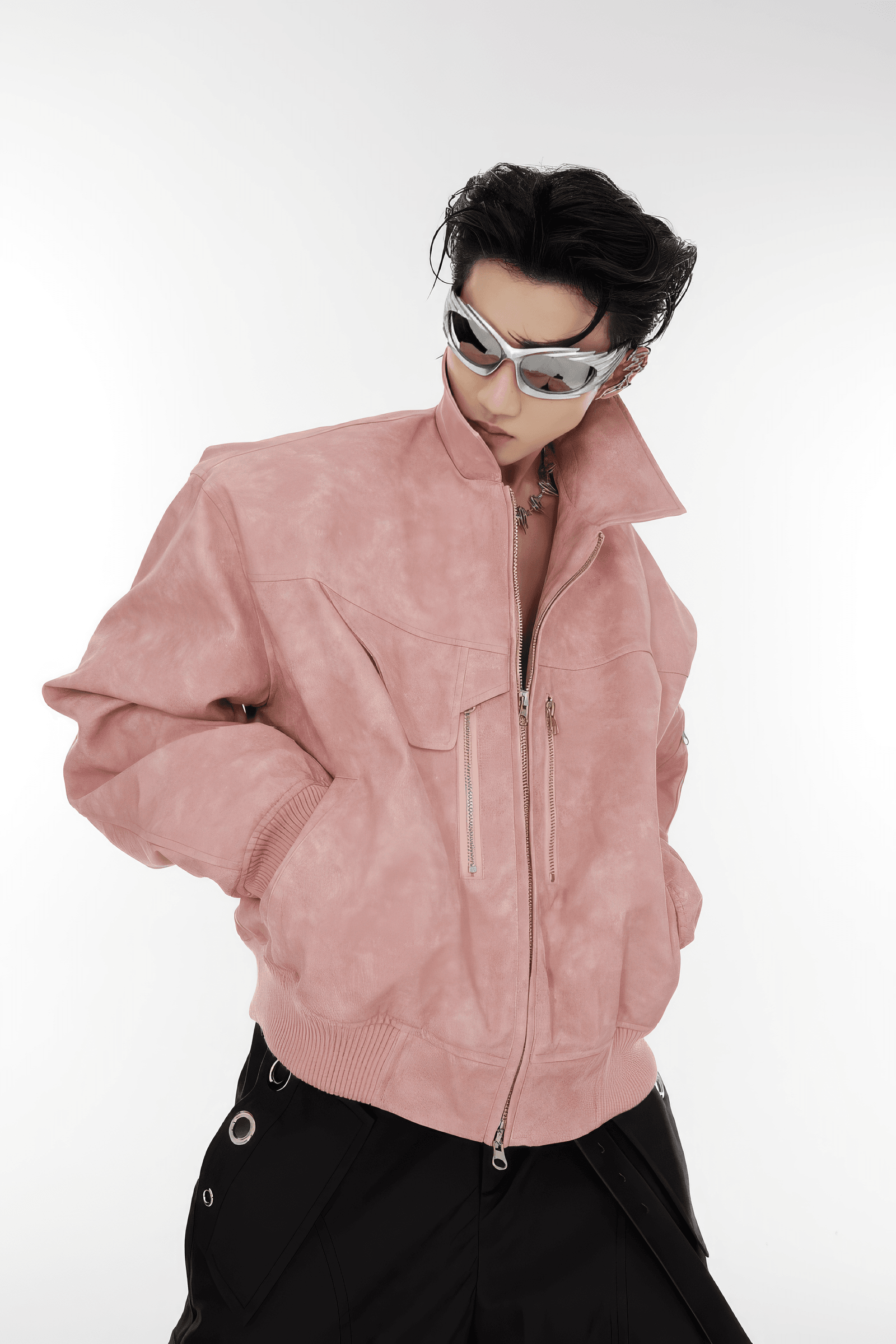 Men’s Trendy Polka Dot Gradient Pink Bomber Jacket with Shoulder Pads & Zipper Details