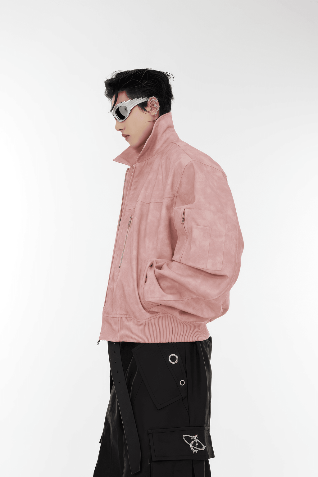 Men’s Trendy Polka Dot Gradient Pink Bomber Jacket with Shoulder Pads & Zipper Details