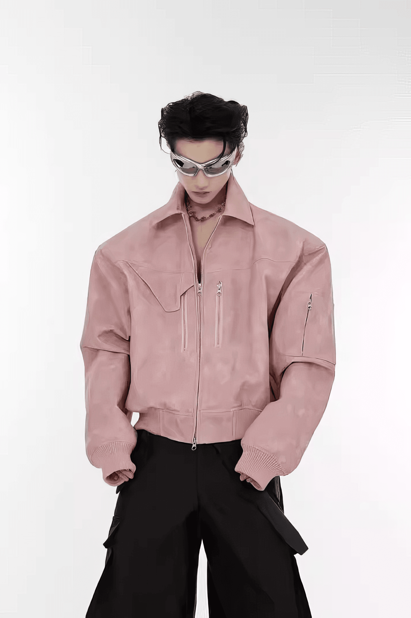 Men’s Trendy Polka Dot Gradient Pink Bomber Jacket with Shoulder Pads & Zipper Details