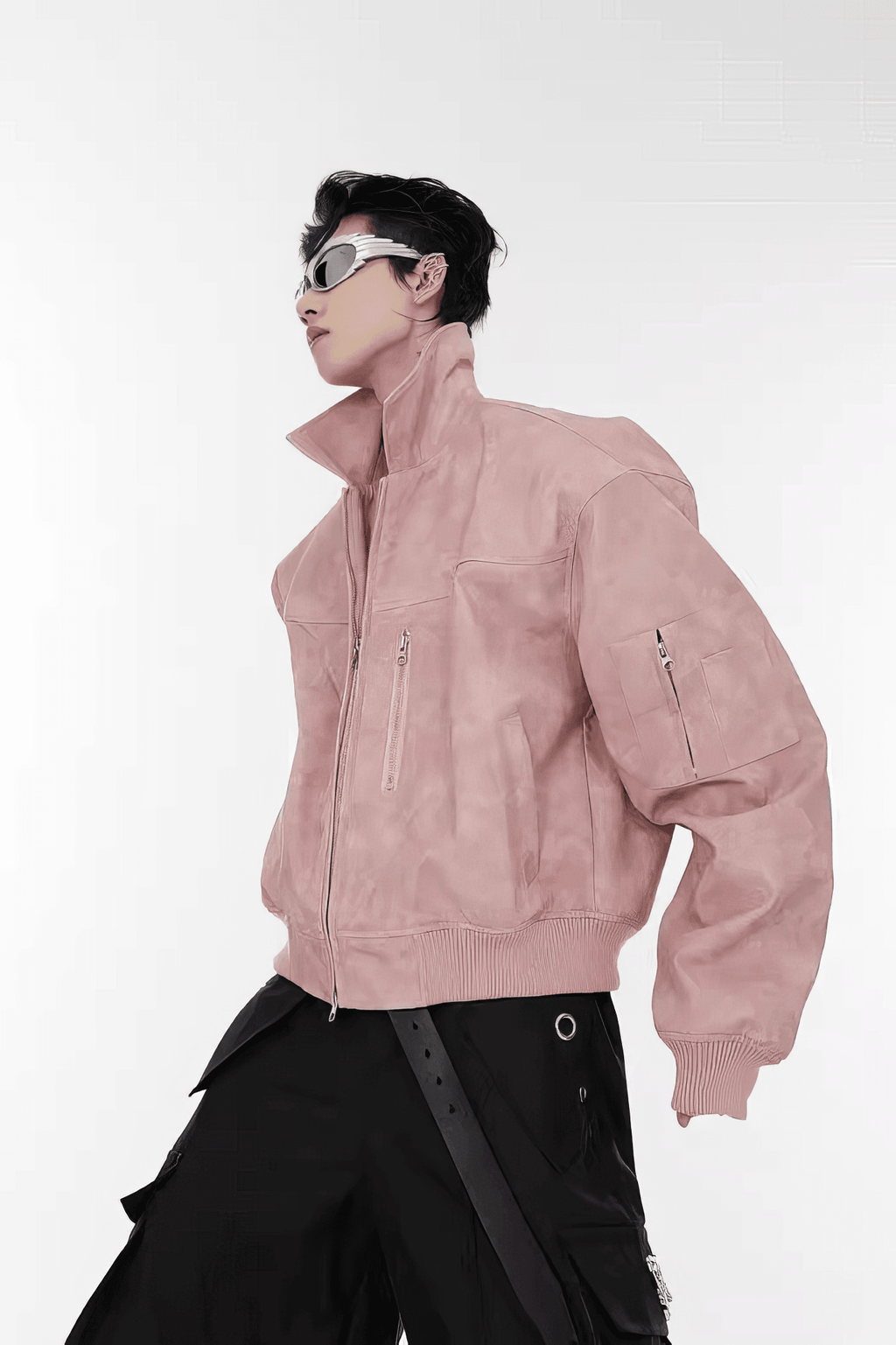 Men’s Trendy Polka Dot Gradient Pink Bomber Jacket with Shoulder Pads & Zipper Details