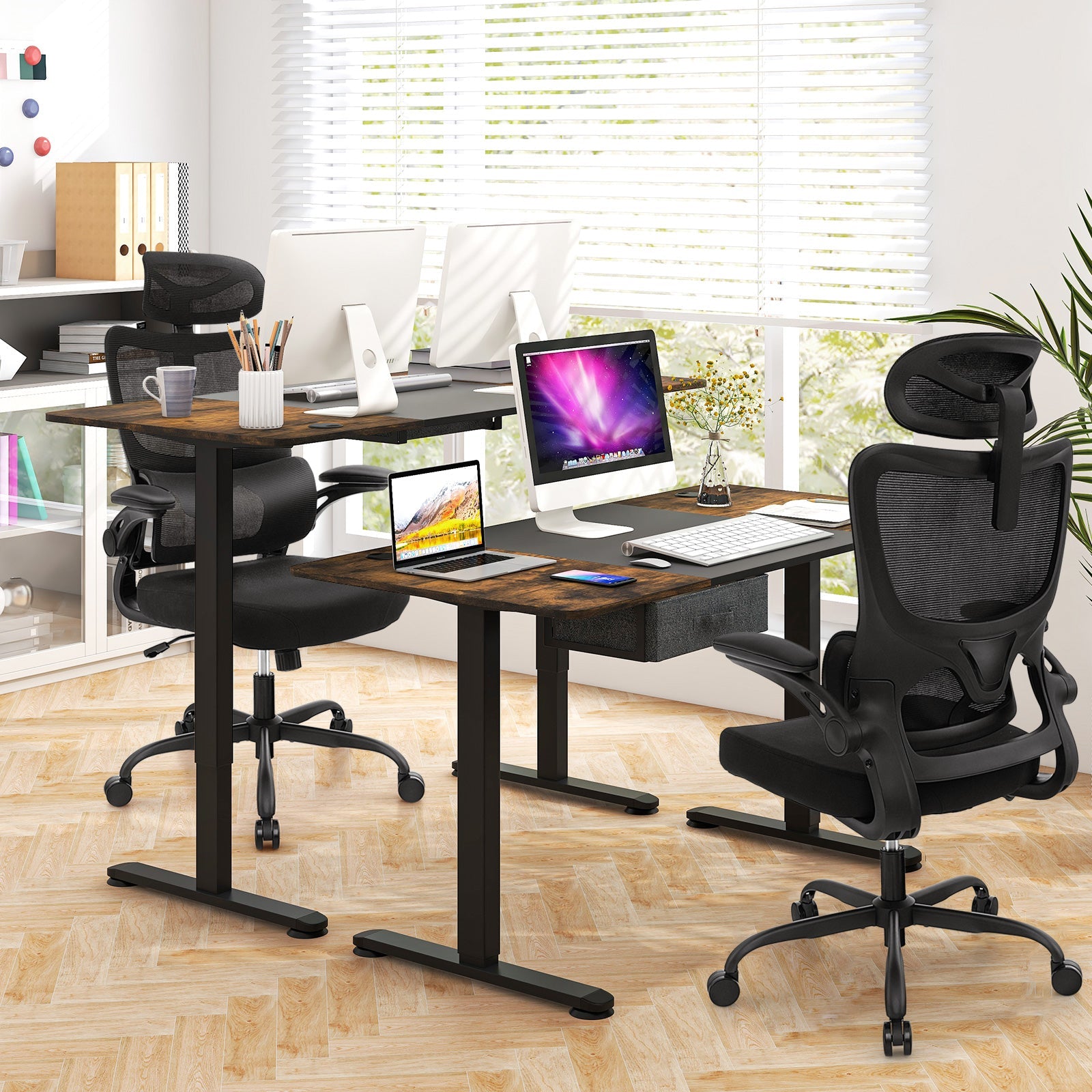 Mesh Office Chair with Adaptive Lumbar Support Flip-up Armrests Reclining Backrest-Black