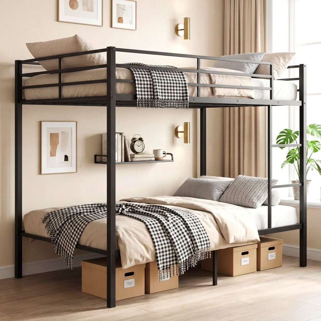 Metal Bunk Bed Full Over Full with Length Safety Guardrail-Black