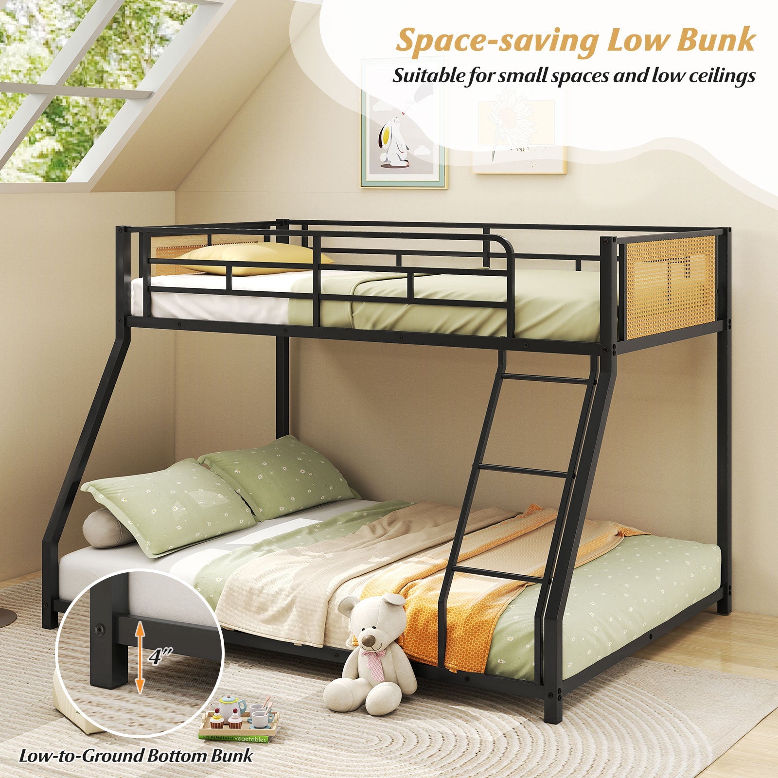 Metal Bunk Bed Twin Over Full with Full Length Safety Guardrail and Ramp Ladder
