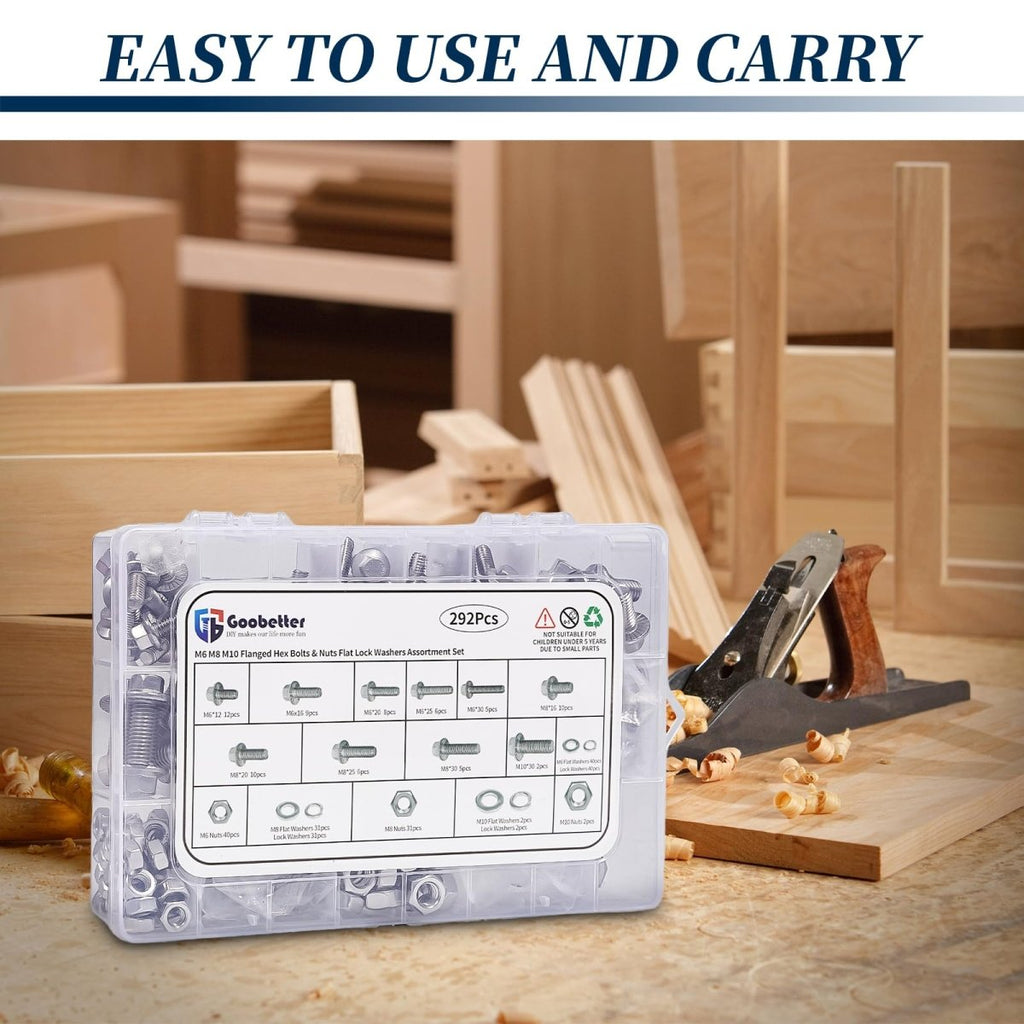 292 Pcs 304 Stainless Steel Bolts and Nuts Kit, A2 Hex Head Flange Nut and Bolt Set M6 M8 M10