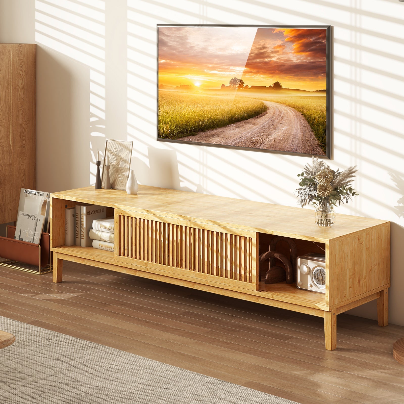 Bamboo TV Stand for TVs up to 65 Inches with Sliding Slatted Doors-Natural