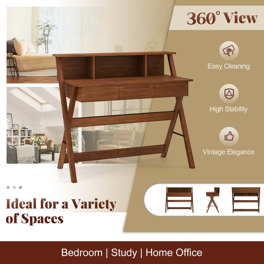 Mid Century Home Office Desk with 3 Storage Drawers and Monitor Stand-Oak