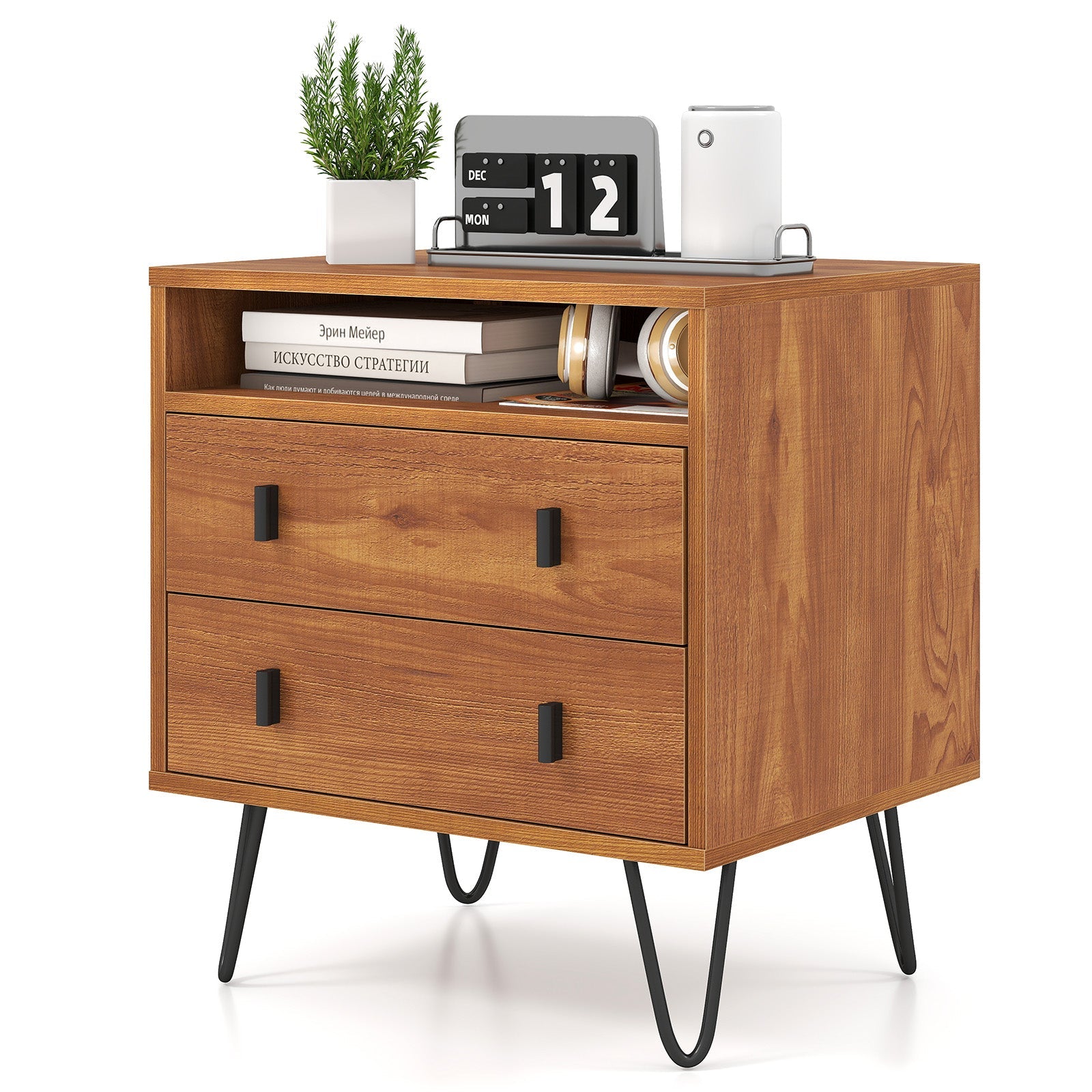 Mid Century Modern 2-Drawer Nightstand with Storage Compartment-Walnut