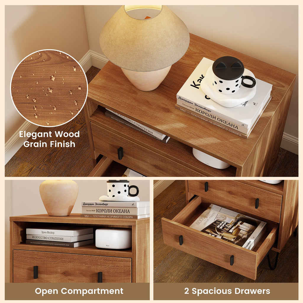 Mid Century Modern 2-Drawer Nightstand with Storage Compartment-Walnut
