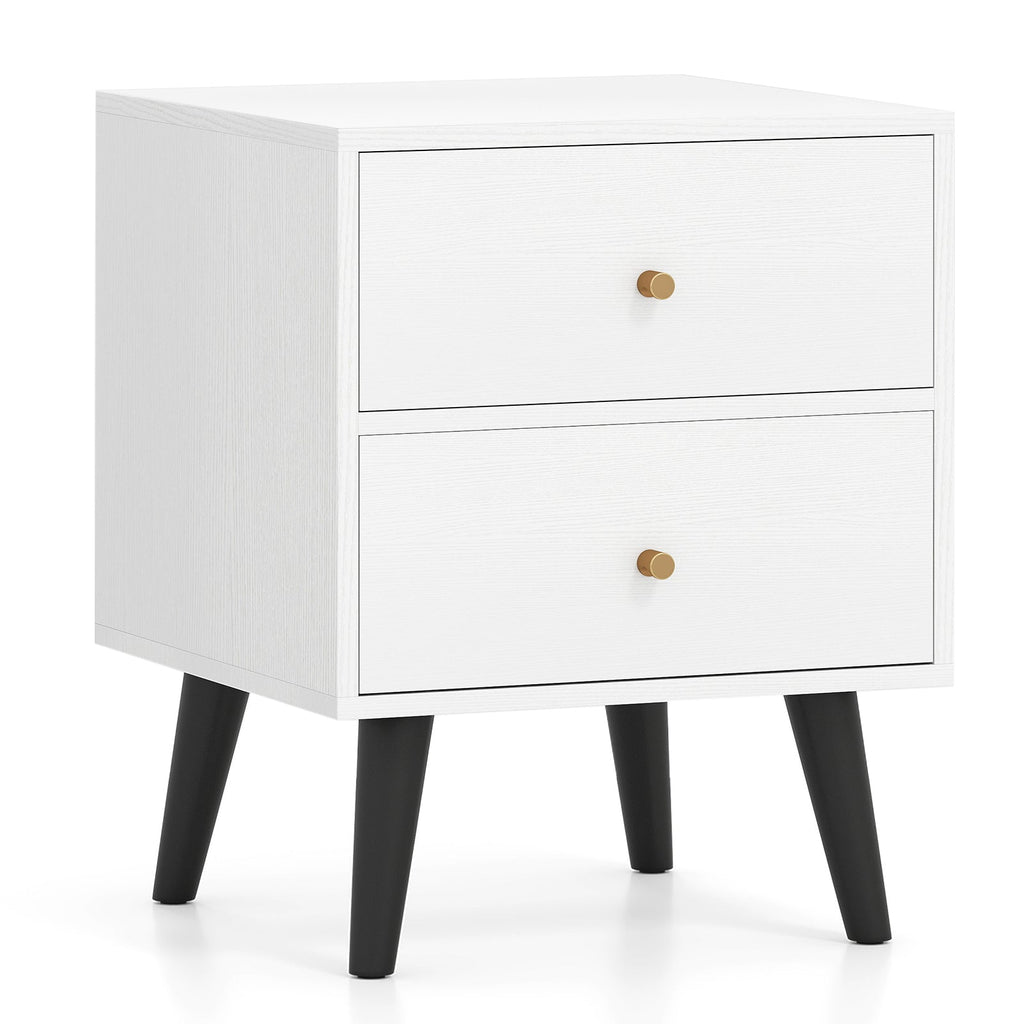 Mid Century Modern Bedside Table Nightstand with Golden Knobs and Raised Support Legs-White