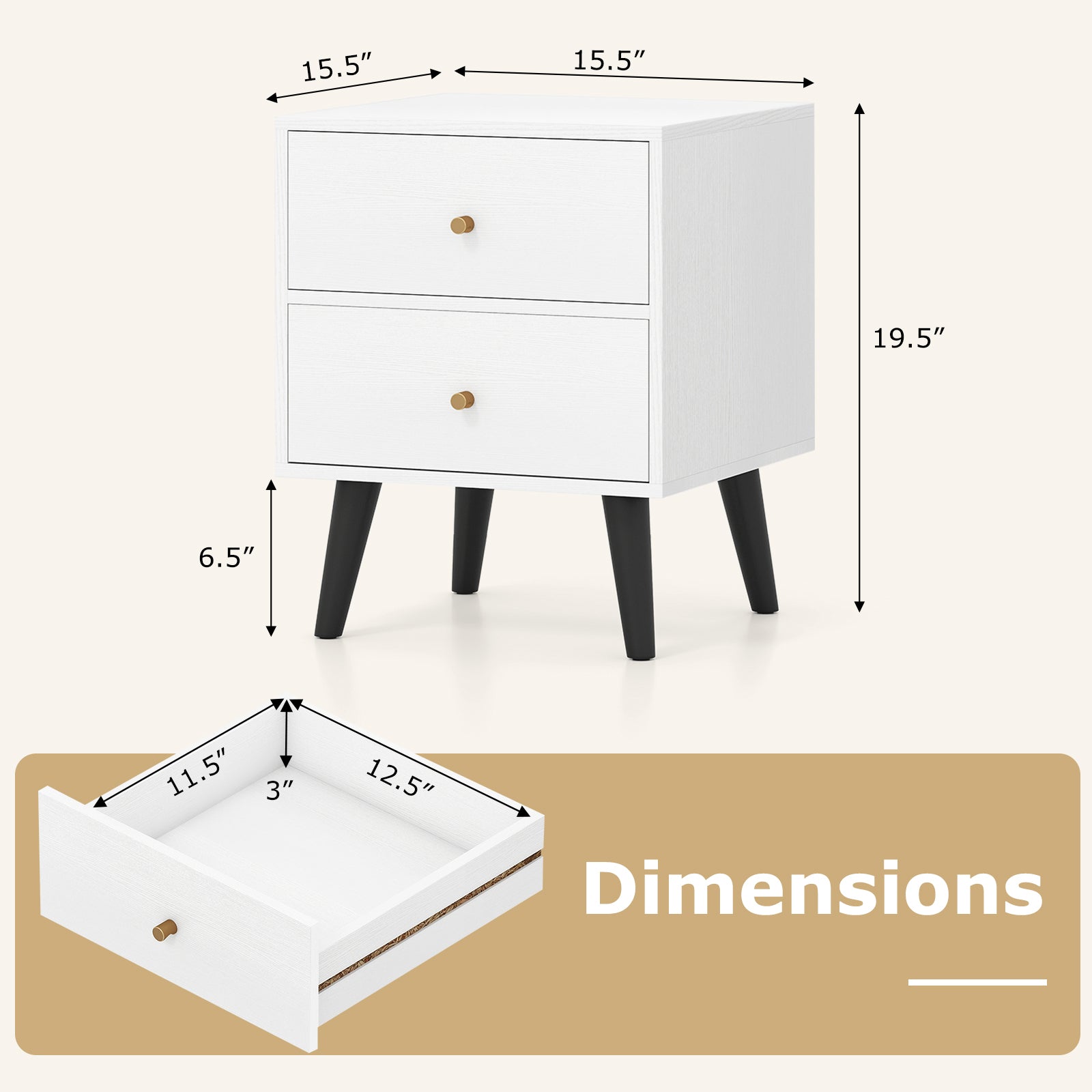 Mid Century Modern Bedside Table Nightstand with Golden Knobs and Raised Support Legs-White