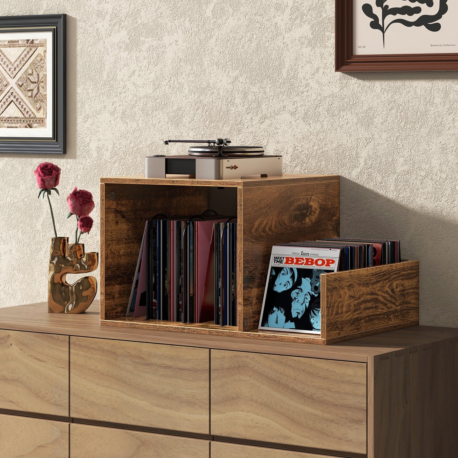 Mid-century Record Player Stand with Power Outlet and Vinyl Divider
