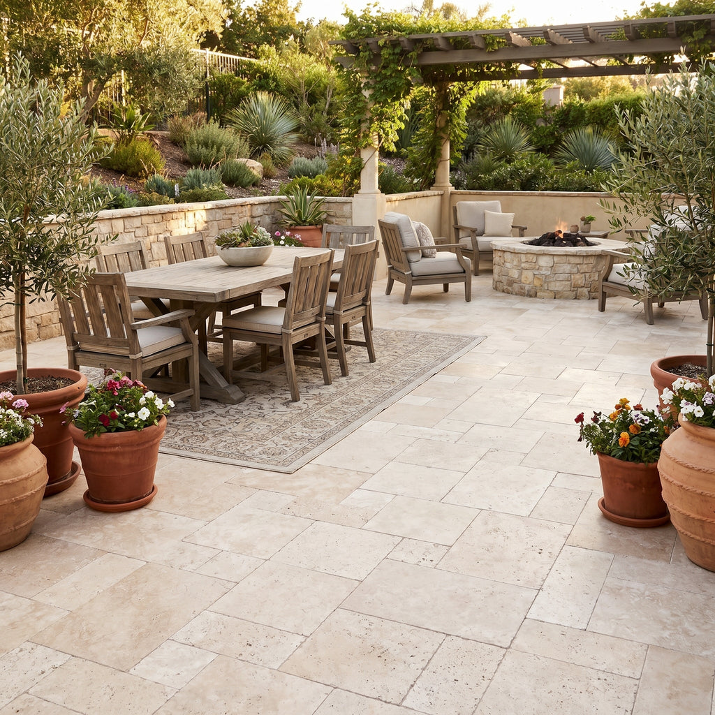 Travertine Miletos Ivory Tumbled Pavers - Mediterranean Outdoor