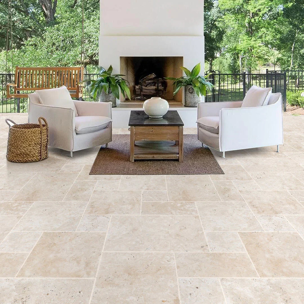 Travertine Miletos Ivory Tumbled Pavers - Mediterranean Outdoor