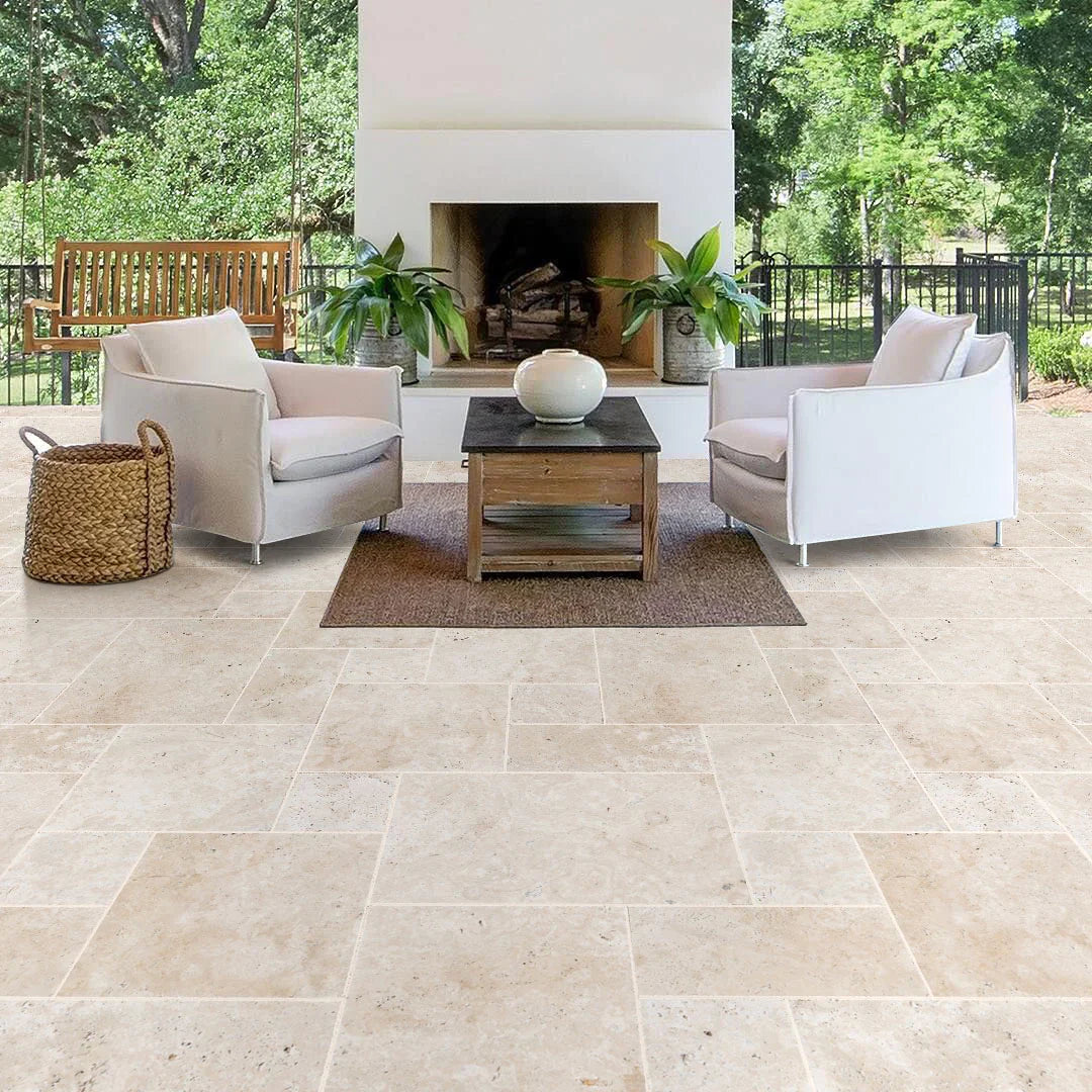 Travertine Miletos Ivory Tumbled Pavers - Mediterranean Outdoor