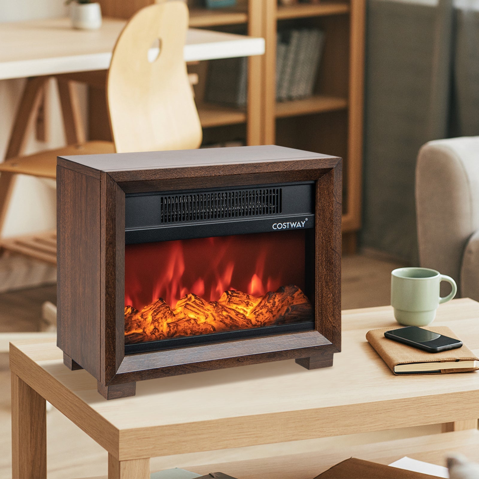 Mini Wooden Space Tabletop Fireplace with Realistic Flame Effect